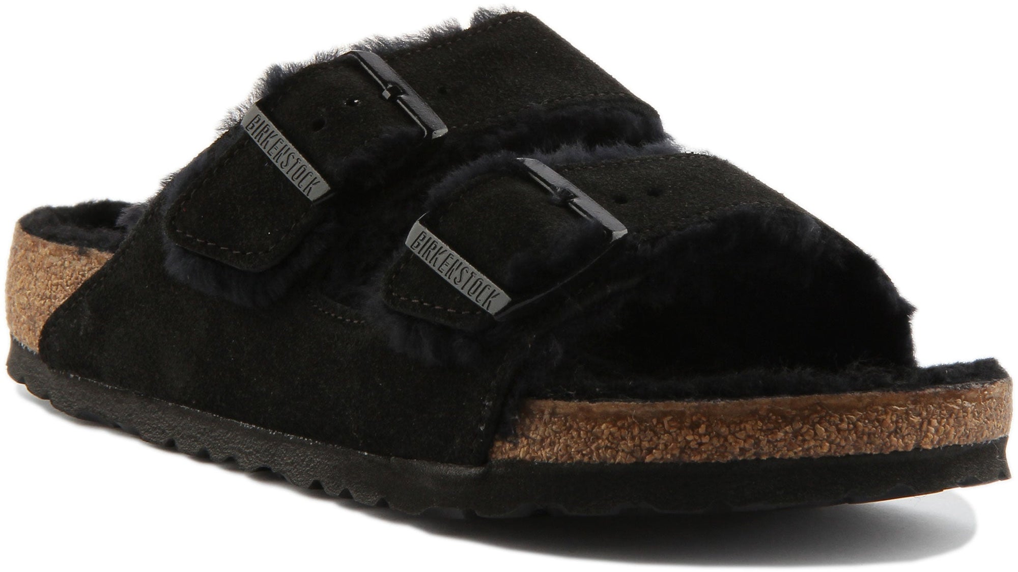 Birkenstock Arizona Shearling Sandale en daim à double lanière poure en noir