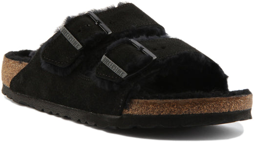 Sandalia Birkenstock Arizona Shearling de doble tira en gamuza pura en negro