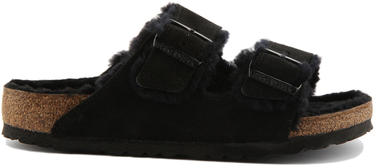 Birkenstock Arizona Shearling Sandale en daim à double lanière poure en noir