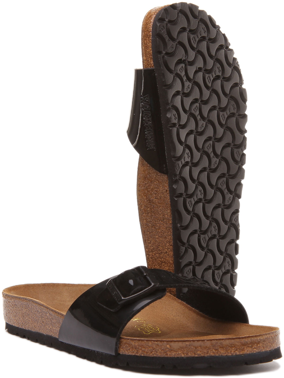 Birkenstock Madrid sandaal Birko Flor met enkele riem voor dames in zwart lakleer