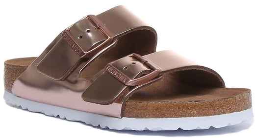 Sandali Birkenstock Arizona metallici a 2 cinturini con suola morbida da donna in rame