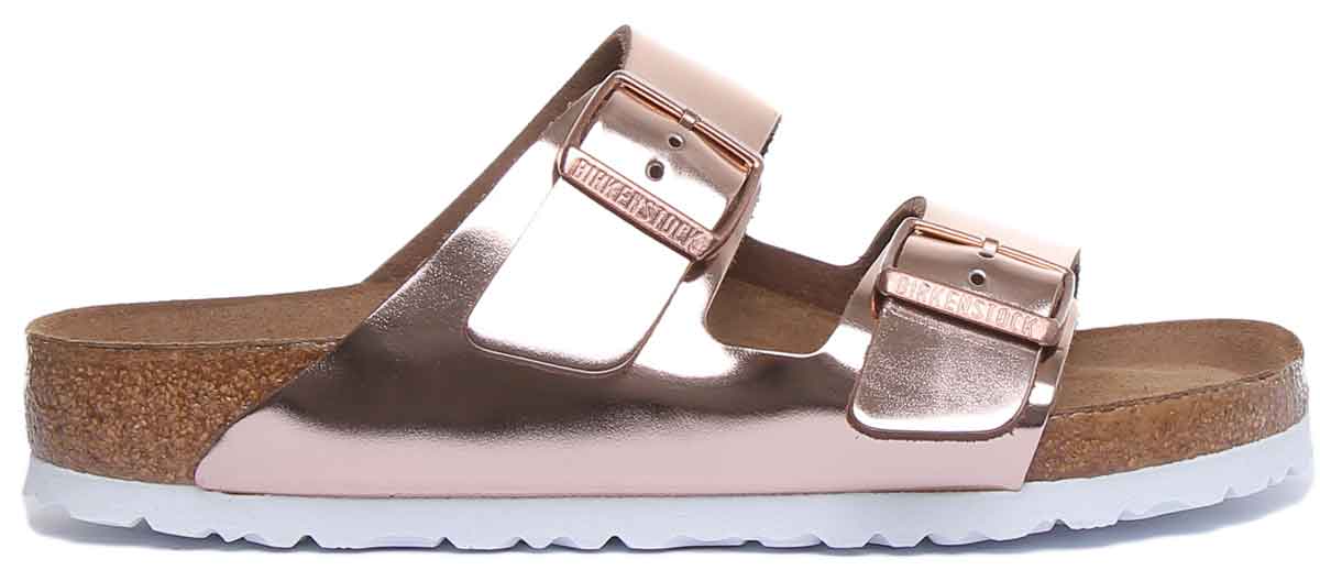 Sandali Birkenstock Arizona metallici a 2 cinturini con suola morbida da donna in rame