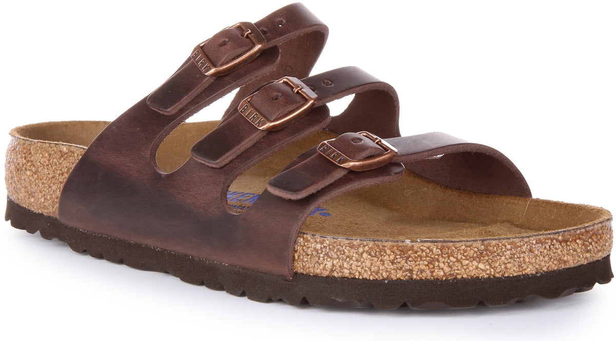 Birkenstock Florida Sandalo in pelle oliata a tre fasce in marrone scuro