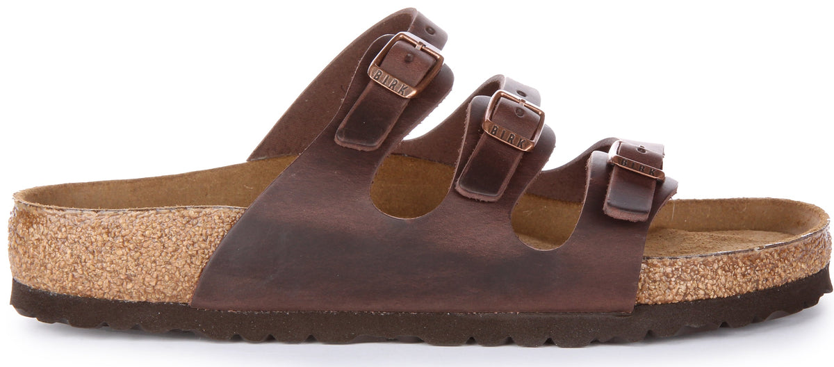 Birkenstock Florida Sandalo in pelle oliata a tre fasce in marrone scuro