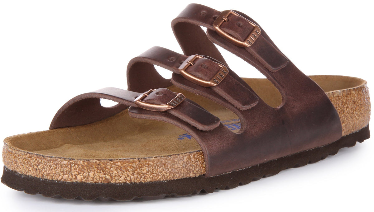 Birkenstock Florida Sandalo in pelle oliata a tre fasce in marrone scuro