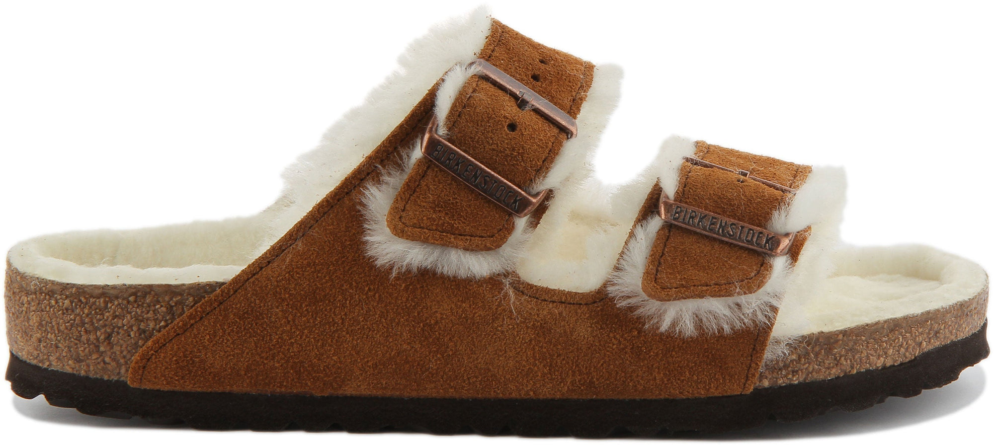 Sandali Birkenstock Arizona Shearling a doppio cinturino in camoscio puro visone