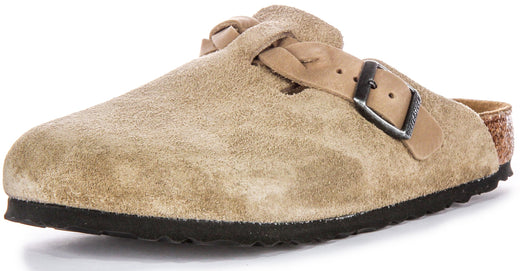 Birkenstock Boston Braided Elegant Pin Sandales Élégantes en Cuir Suédé Taupe