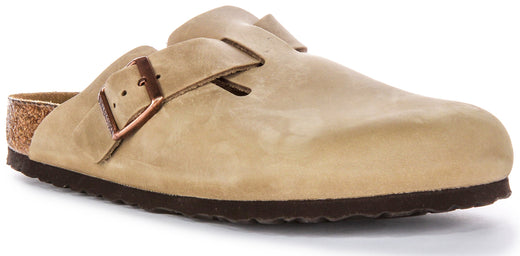 Zueco elegante Birkenstock Boston BS con hebilla grande de cuero engrasado color tabaco