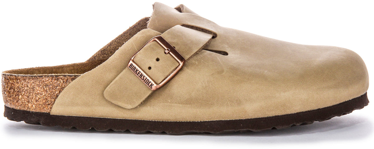 Birkenstock Boston BS elegante klompsandalen met grote gesp van geolied leer in tabak