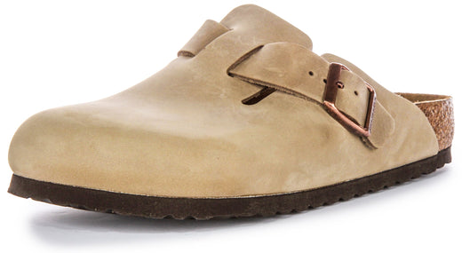 Zueco elegante Birkenstock Boston BS con hebilla grande de cuero engrasado color tabaco
