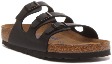 Birkenstock Florida sandaler med tre remmar i svart Birko Flor för kvinnor