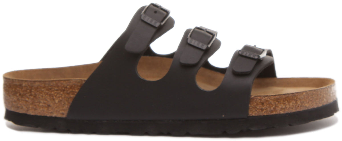 Birkenstock Florida sandaler med tre remmar i svart Birko Flor för kvinnor