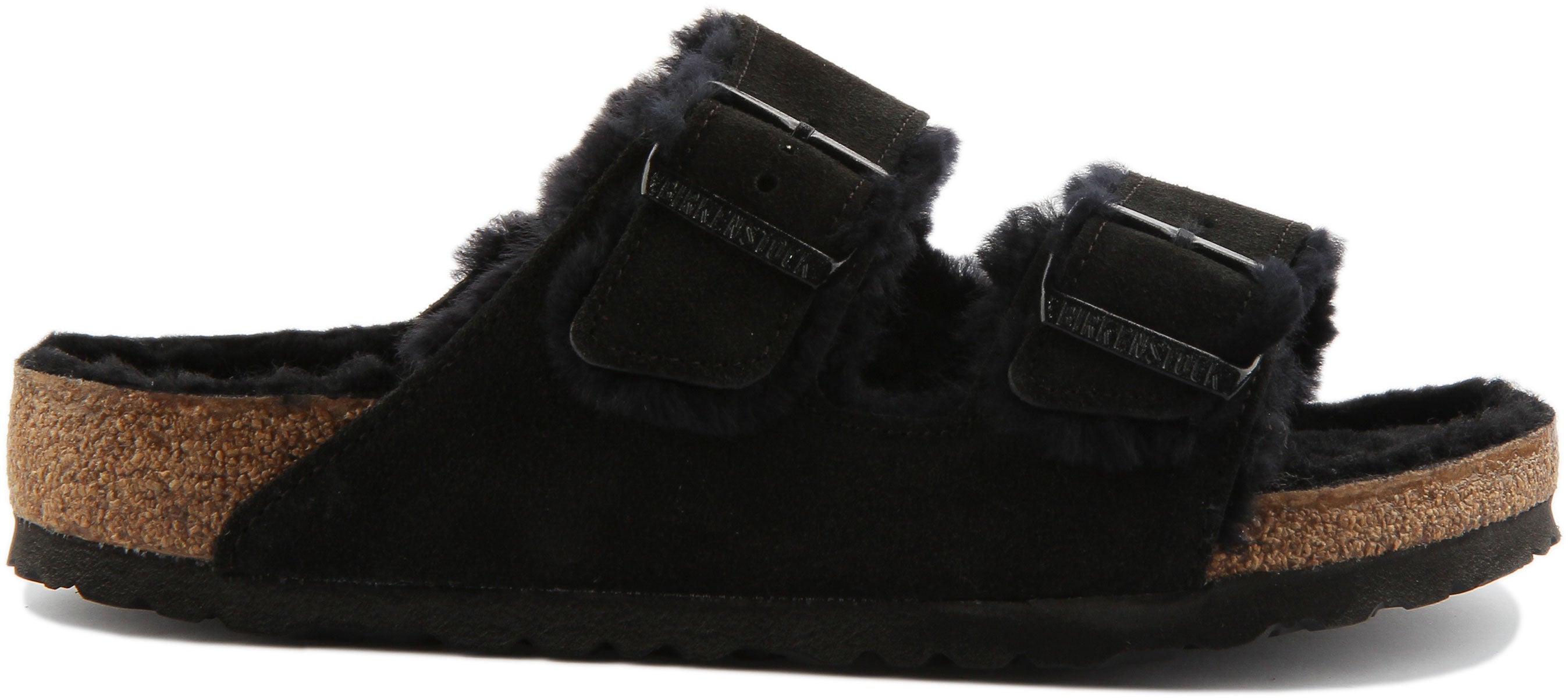 Birkenstock Arizona Shearling sandaal met dubbele riem in suède voor dames in zwart