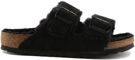 Birkenstock Arizona Shearling sandaal met dubbele riem in suède voor dames in zwart