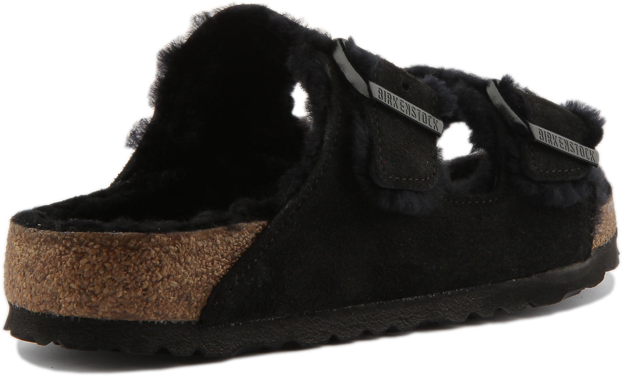 Birkenstock Arizona Shearling sandaal met dubbele riem in suède voor dames in zwart
