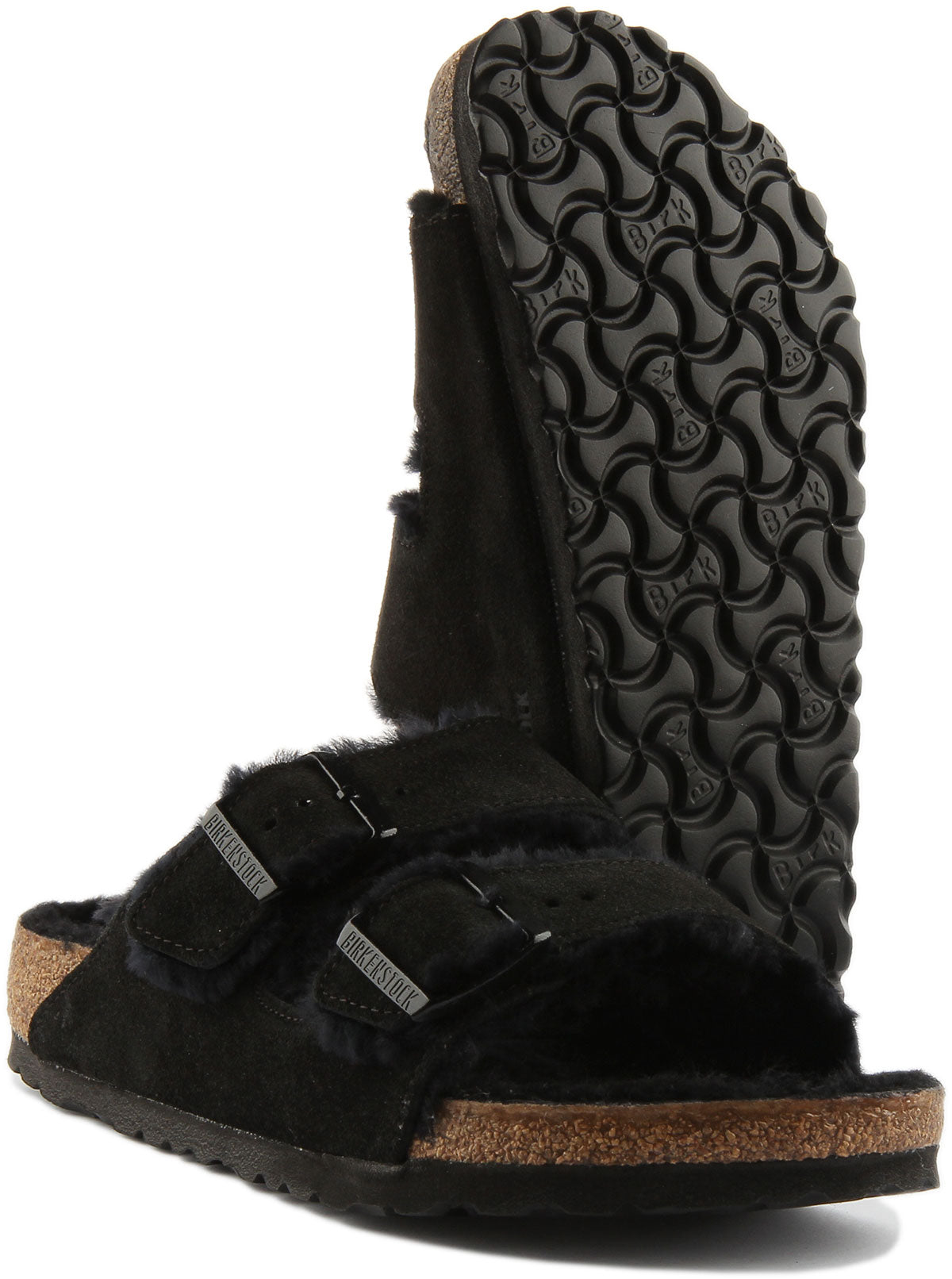 Birkenstock Arizona Shearling sandaal met dubbele riem in suède voor dames in zwart