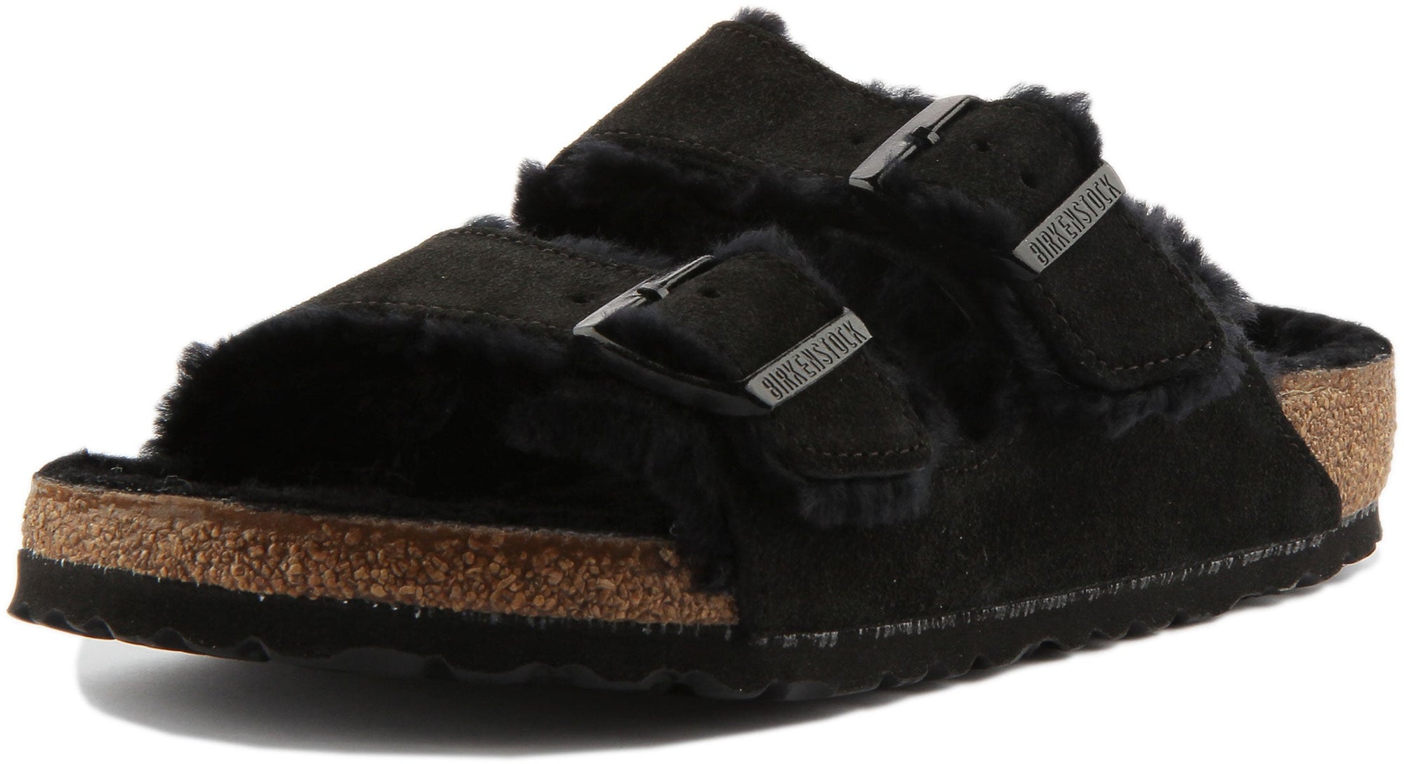 Birkenstock Arizona Shearling sandaal met dubbele riem in suède voor dames in zwart