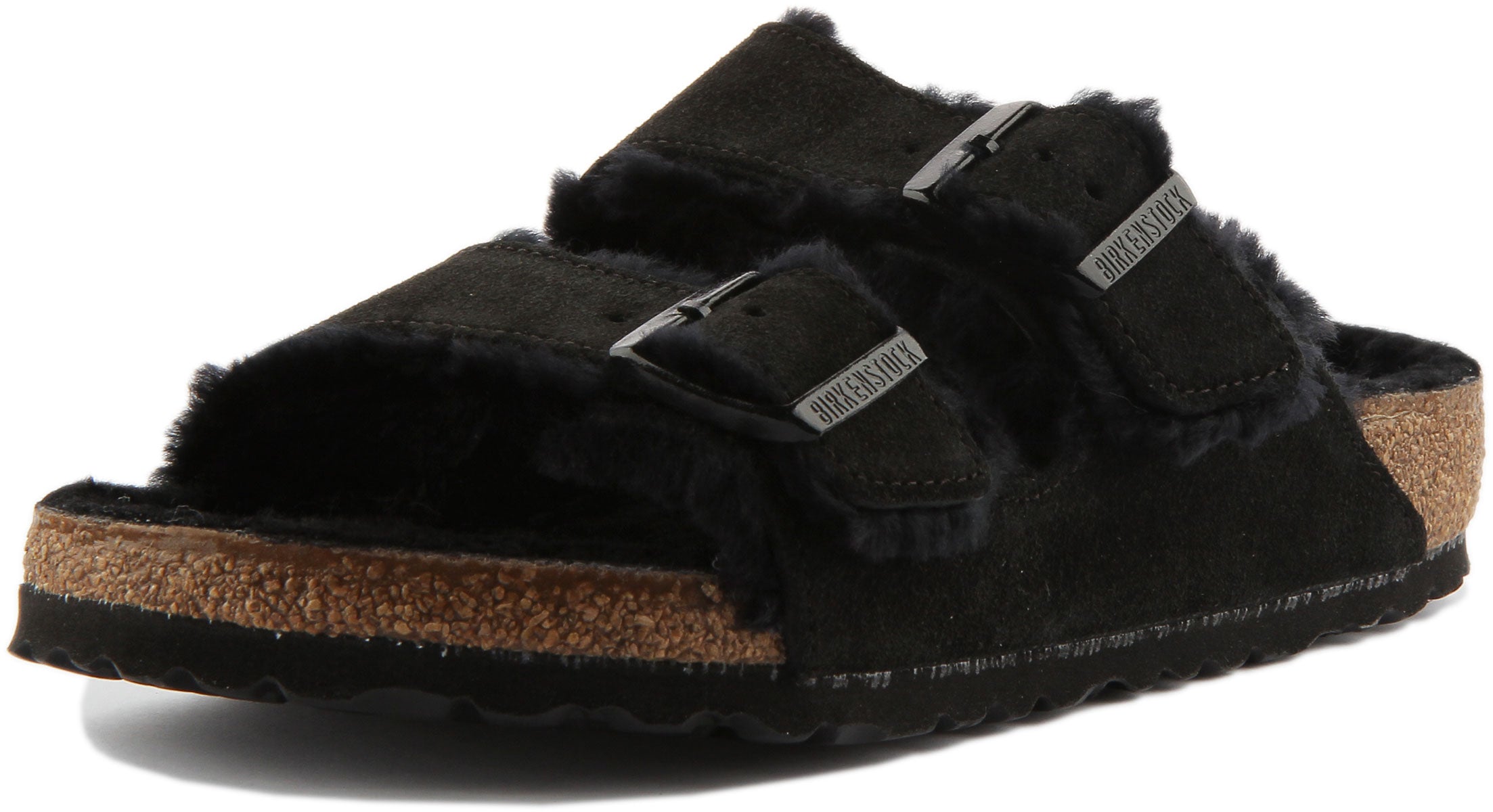Birkenstock Arizona Shearling sandaal met dubbele riem in suède voor dames in zwart