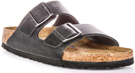 Birkenstock Arizona BS sandalen van geolied leer met twee verstelbare riemen en anatomische kurken zool voor dames in zwart  
