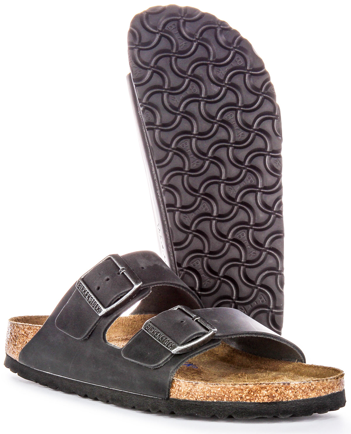 Birkenstock Arizona BS sandalen van geolied leer met twee verstelbare riemen en anatomische kurken zool voor dames in zwart  