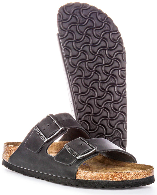 Birkenstock Arizona BS Sandales en Cuir Huilé avec Deux Brides Ajustables et Semelle en Liège Anatomique pour Femmes en Noir