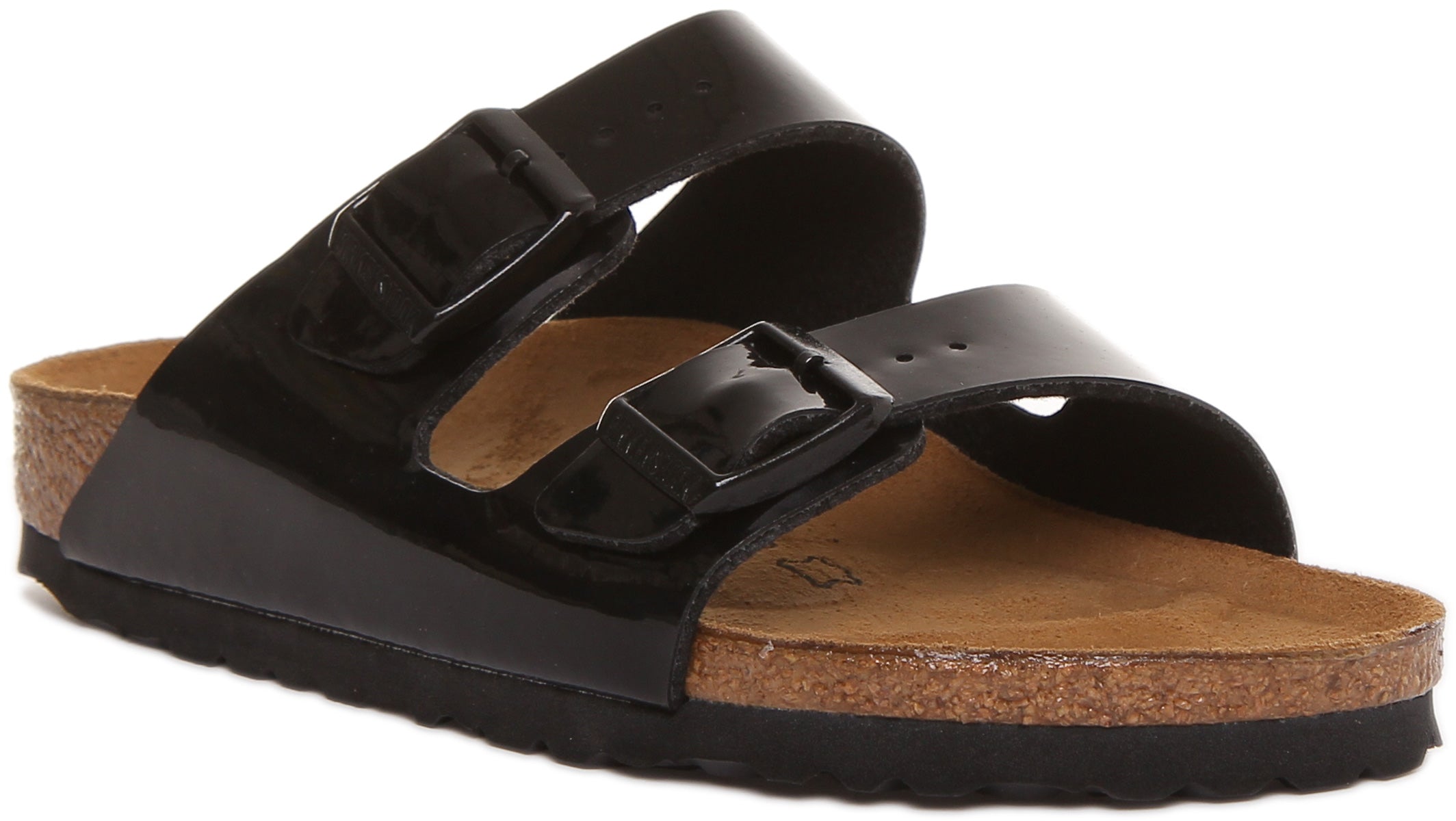 Sandali Birkenstock Arizona Birko Flor vernice nera a doppio cinturino da donna