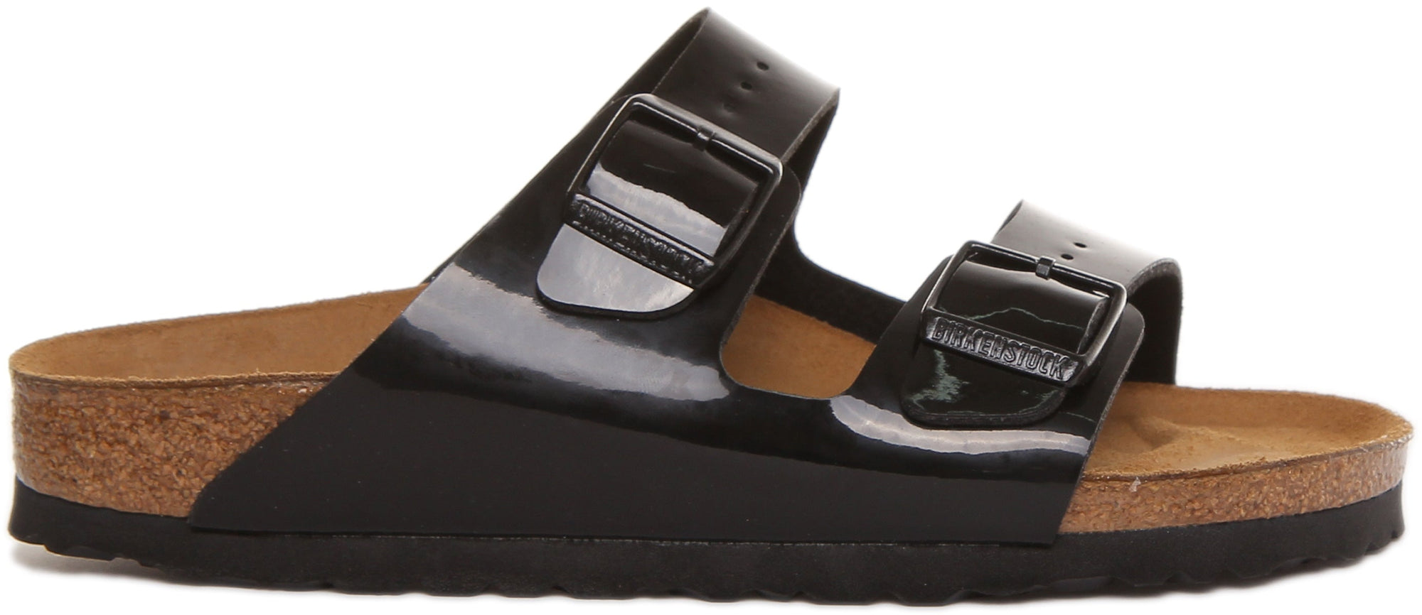 Sandali Birkenstock Arizona Birko Flor vernice nera a doppio cinturino da donna