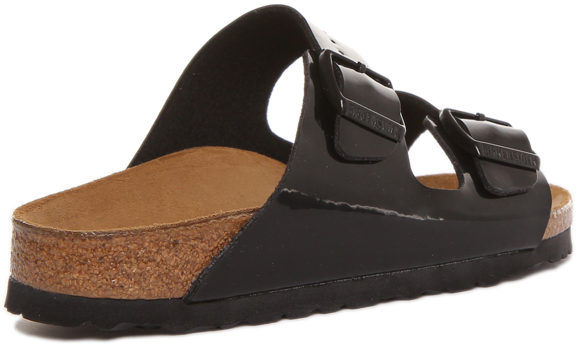 Sandali Birkenstock Arizona Birko Flor vernice nera a doppio cinturino da donna