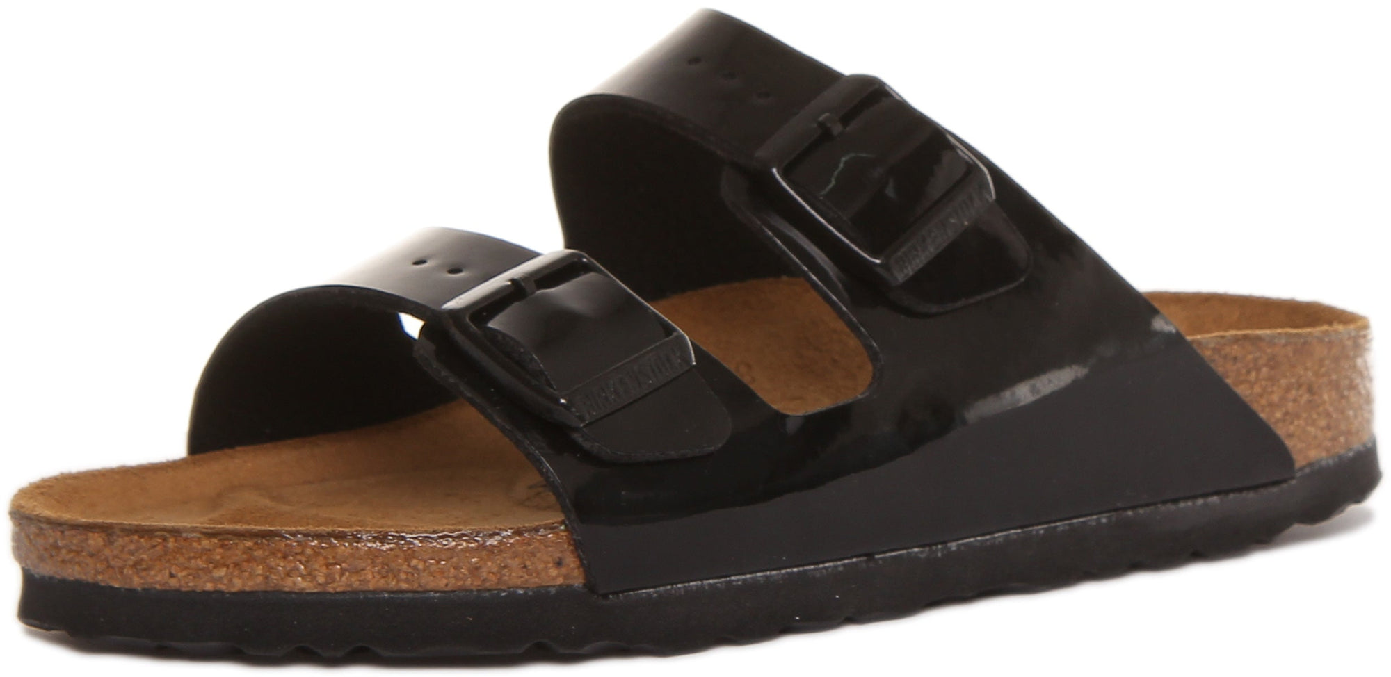 Sandali Birkenstock Arizona Birko Flor vernice nera a doppio cinturino da donna