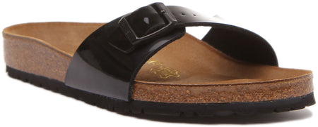 Birkenstock Madrid sandaal Birko Flor met enkele riem voor dames in zwart lakleer