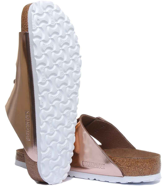 Sandali Birkenstock Arizona metallici a 2 cinturini con suola morbida da donna in rame