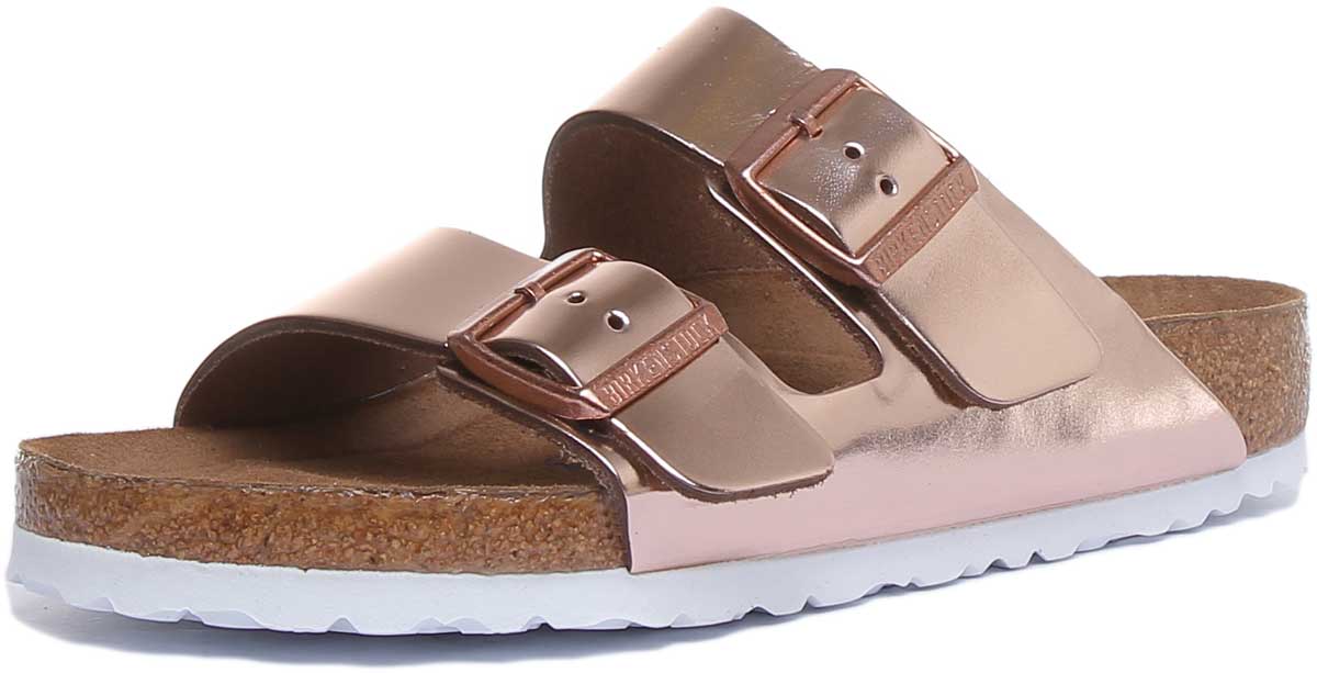 Birkenstock Arizona Sandale métallique à 2 brides avec semelle souple pour femme en cuivre