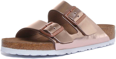 Birkenstock Arizona Sandale métallique à 2 brides avec semelle souple pour femme en cuivre