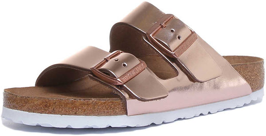 Sandali Birkenstock Arizona metallici a 2 cinturini con suola morbida da donna in rame