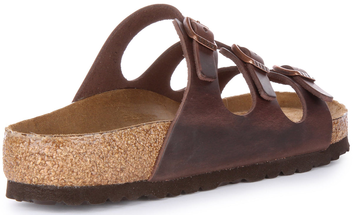 Birkenstock Florida Sandalo in pelle oliata a tre fasce in marrone scuro