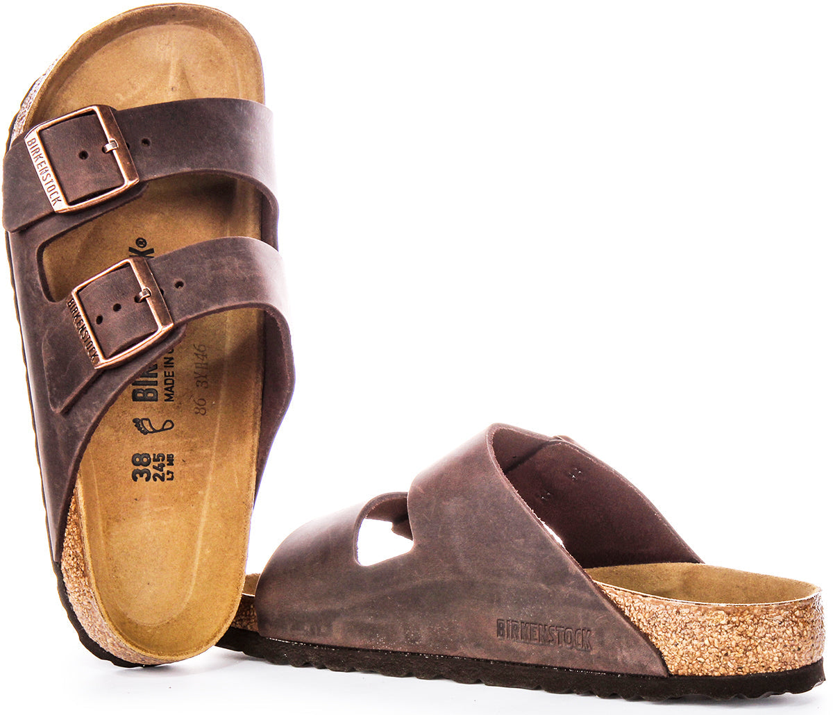 Birkenstock Arizona BS sandalen van geolied leer met twee verstelbare riemen en anatomische kurken zool voor dames in donkerbruin  