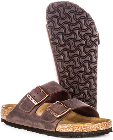 Birkenstock Arizona BS sandalen van geolied leer met twee verstelbare riemen en anatomische kurken zool voor dames in donkerbruin  