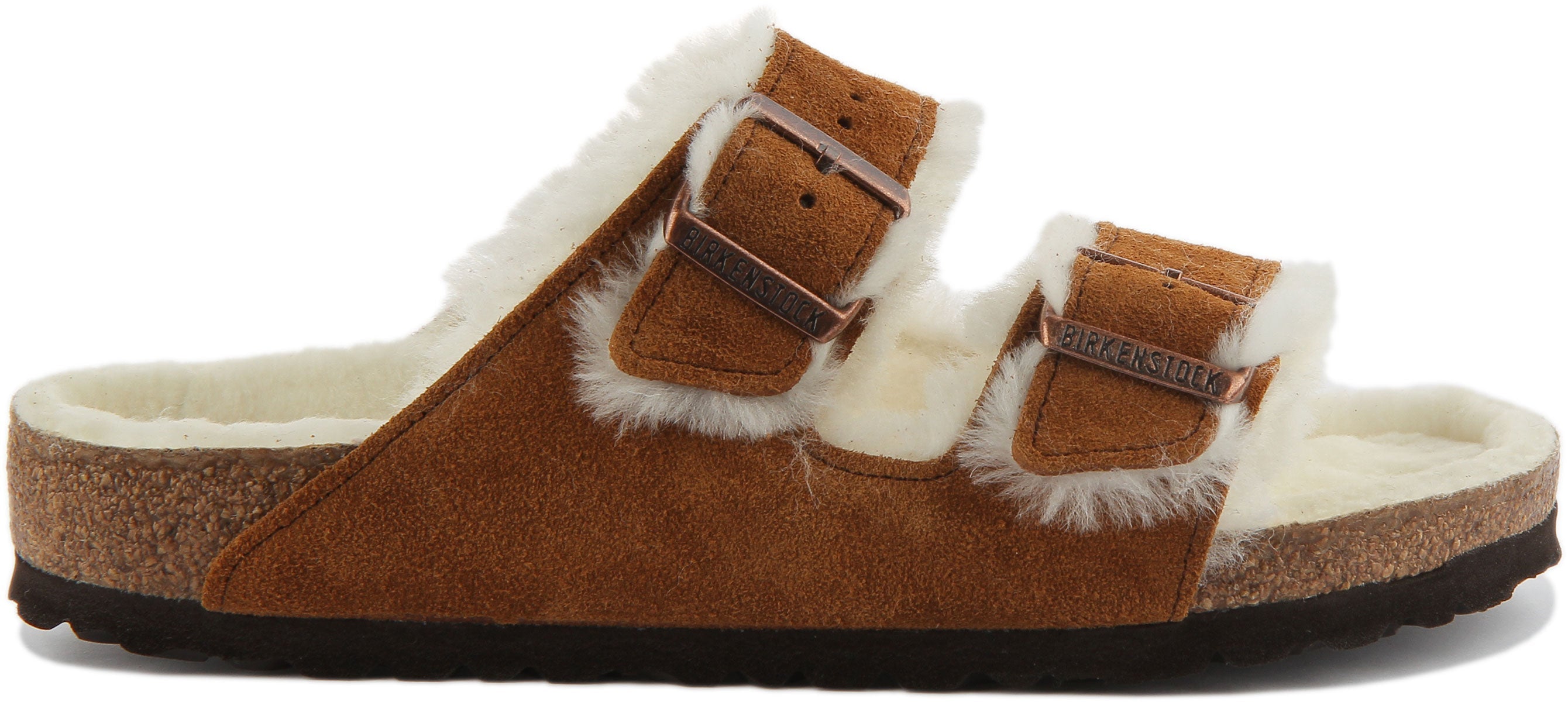 Sandali Birkenstock Arizona Shearling a doppio cinturino in camoscio puro visone
