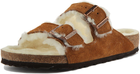 Sandali Birkenstock Arizona Shearling a doppio cinturino in camoscio puro visone