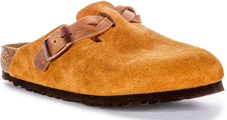 Birkenstock Boston Braided Elegant Pin Sandales Élégantes en Cuir Suédé Mink