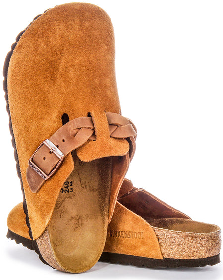 Birkenstock Boston Braided Elegant Pin Sandales Élégantes en Cuir Suédé Mink