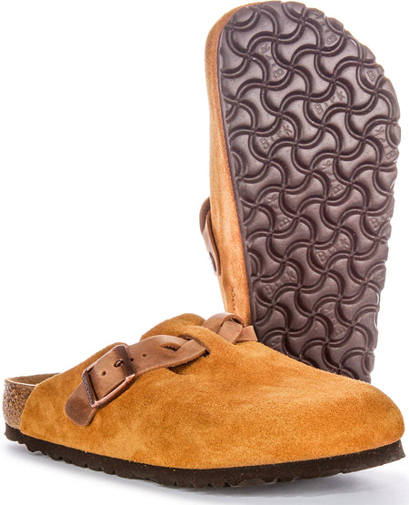 Birkenstock Boston Braided Elegant Pin Sandales Élégantes en Cuir Suédé Mink