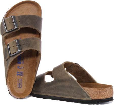 Birkenstock Arizona sandalen met twee banden van geolied nubuck leer in olijfgroen