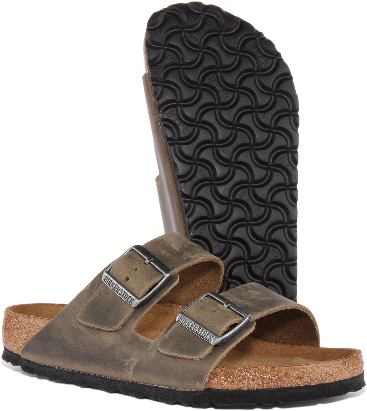 Birkenstock Arizona sandalen met twee banden van geolied nubuck leer in olijfgroen
