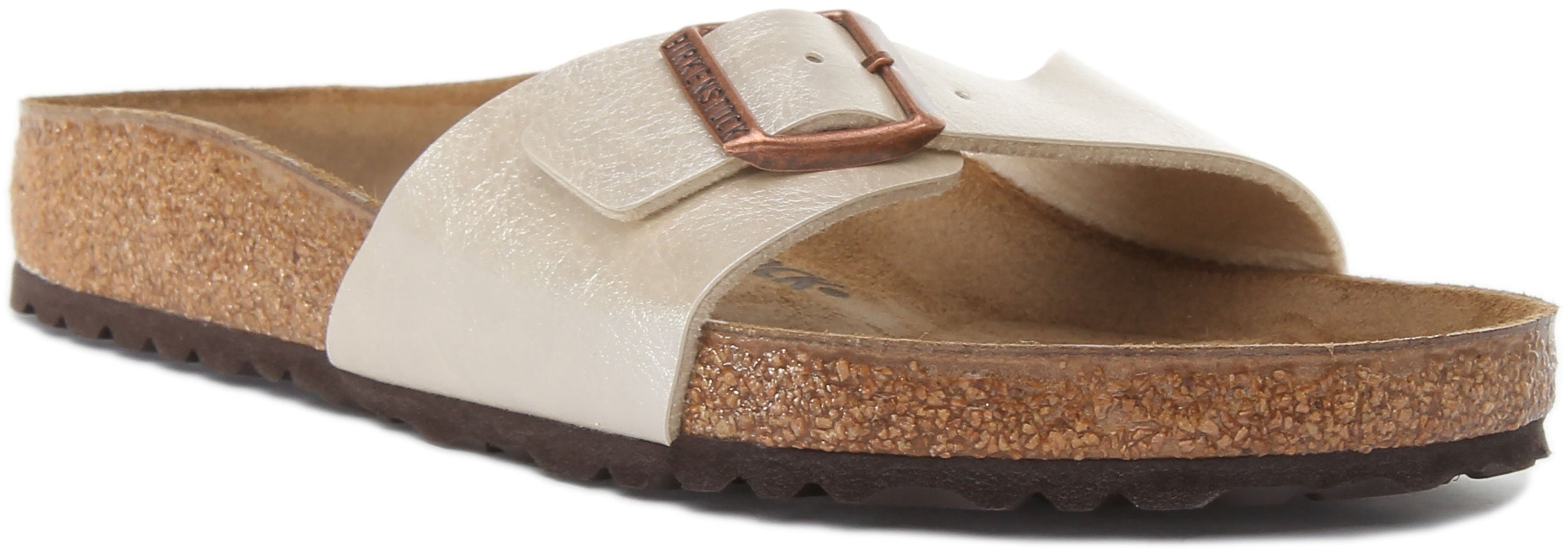 Birkenstock Madrid sandalen Birko Flor met enkele sierlijke parelriem voor dames in wit