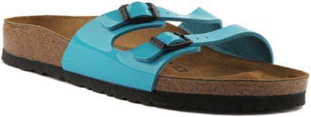 Sandales Birkenstock Ibiza Birko Flor à double lanière pour femmes en bleu marine