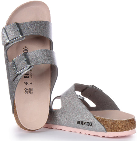 Birkenstock Arizona Birko Flor sandalen met dubbele band in zilver