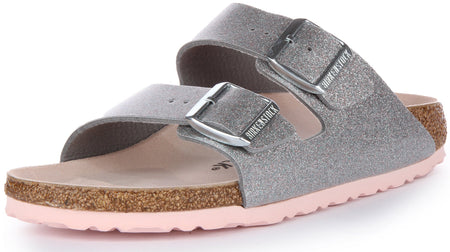 Birkenstock Arizona Birko Flor sandalen met dubbele band in zilver