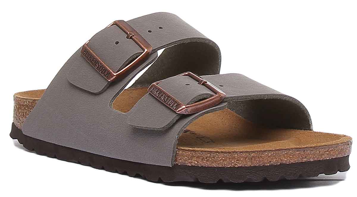 Birkenstock Arizona sandalen met dubbele riem in steen Birko Flor op kurk voor dames