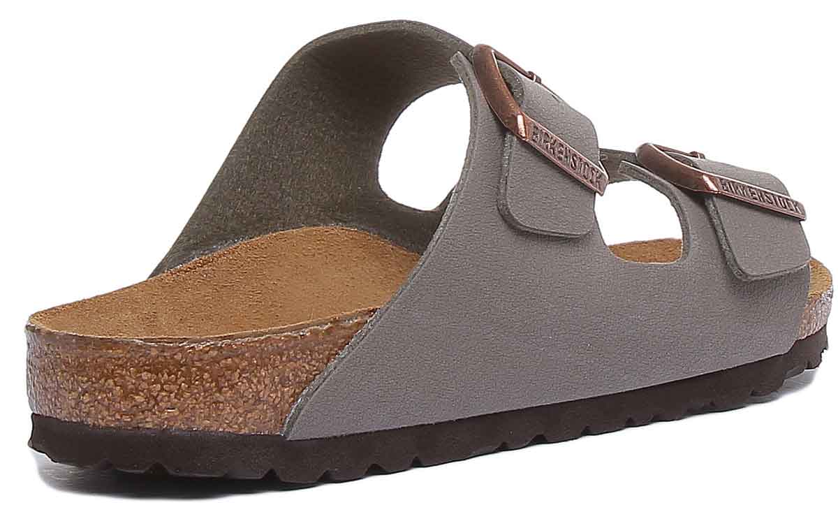 Birkenstock Arizona sandalen met dubbele riem in steen Birko Flor op kurk voor dames